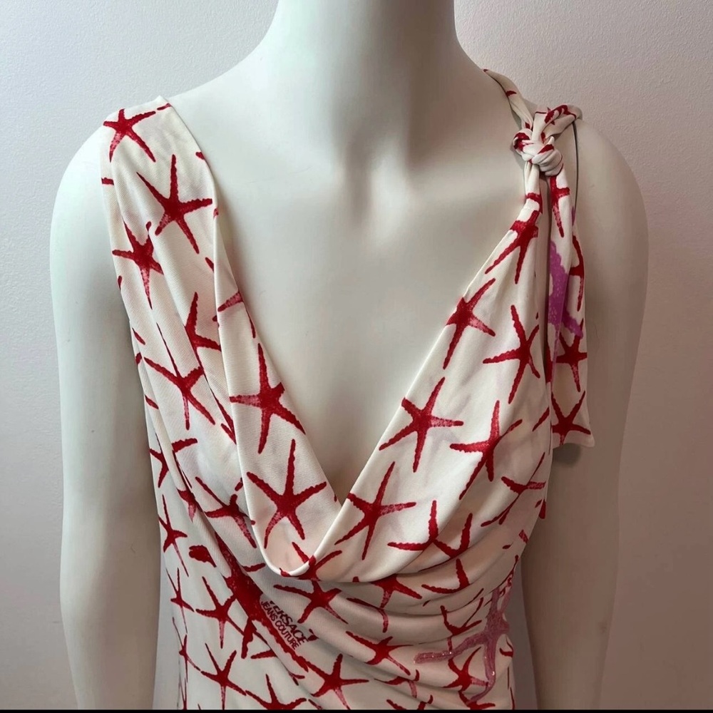 Versace Red and White Cowl Neck Sheath Midi Dress - Picture 7 of 16